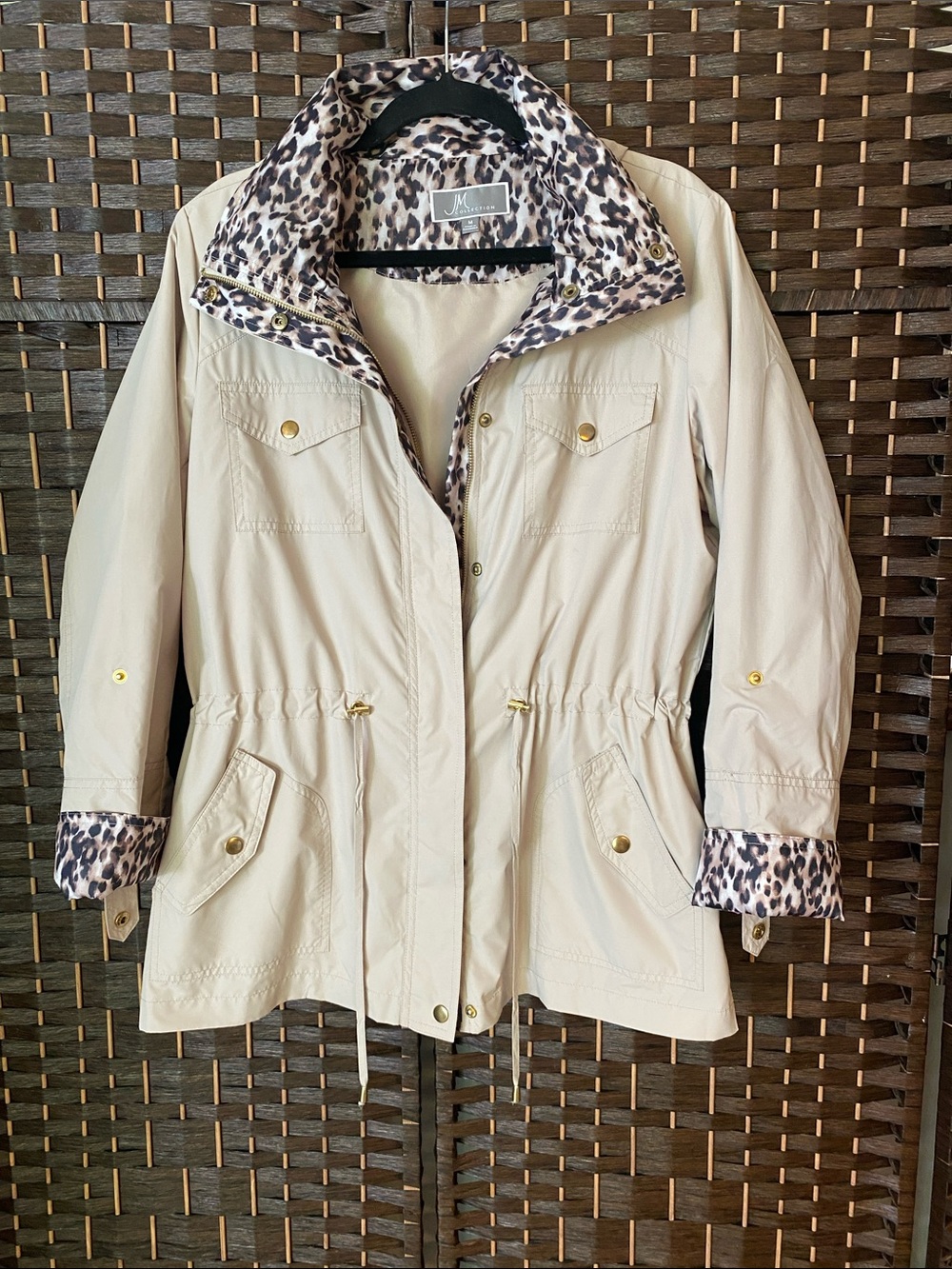 JM Collection Beige Water Resistant Jacket w/Leopard-Print Trim - Size M